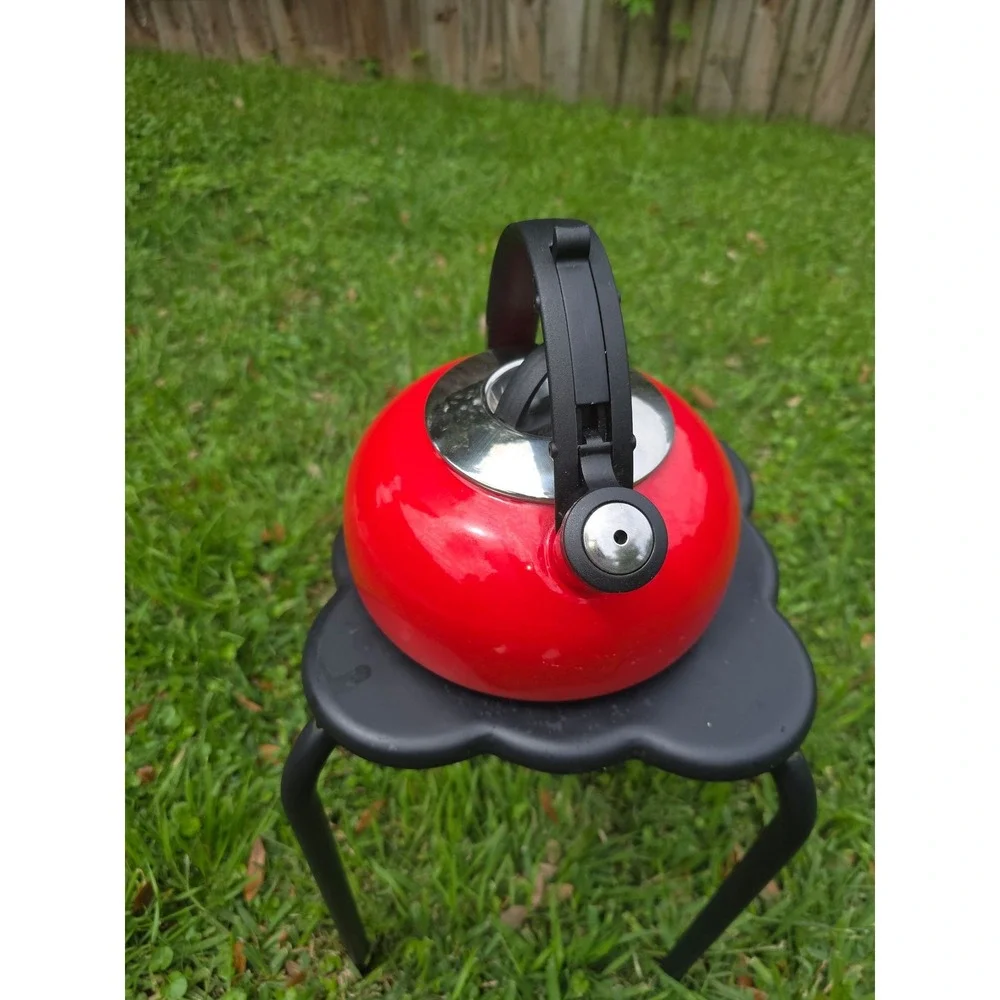 Red Enamel Whistling Tea Kettle Stovetop Water Pot with Black Handle